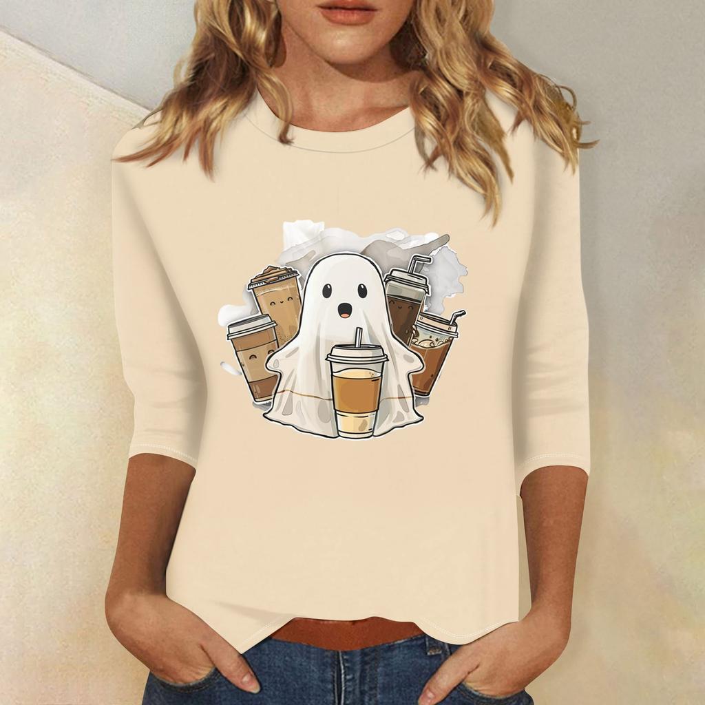 Dame Mote Casual Trekvartsermet Halloween Trykket Rund Hals Topp