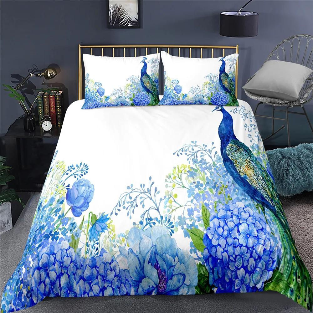Peacock Duvet Cover Plum Blossom Decor Bedding Set King Size Crane Peacock Feather Floral Pattern Romantic Polyester Quilt Cover