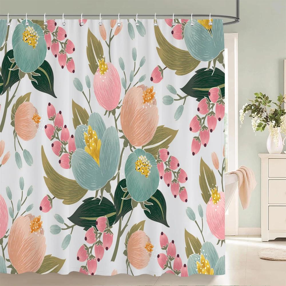 Flower leaf Printing Shower Curtain Waterproof 3D Fabric Floral Plant leaves Bathroom Curtain with 12 Hooks Home Decoration