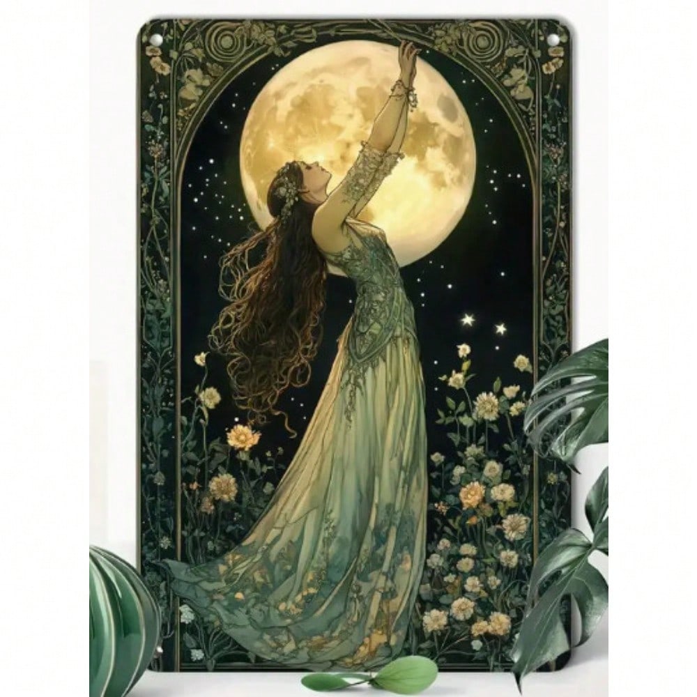 Art Nouveau Moon Goddess Metal Wall Art Bohemian Mystical Decor 20x30cm