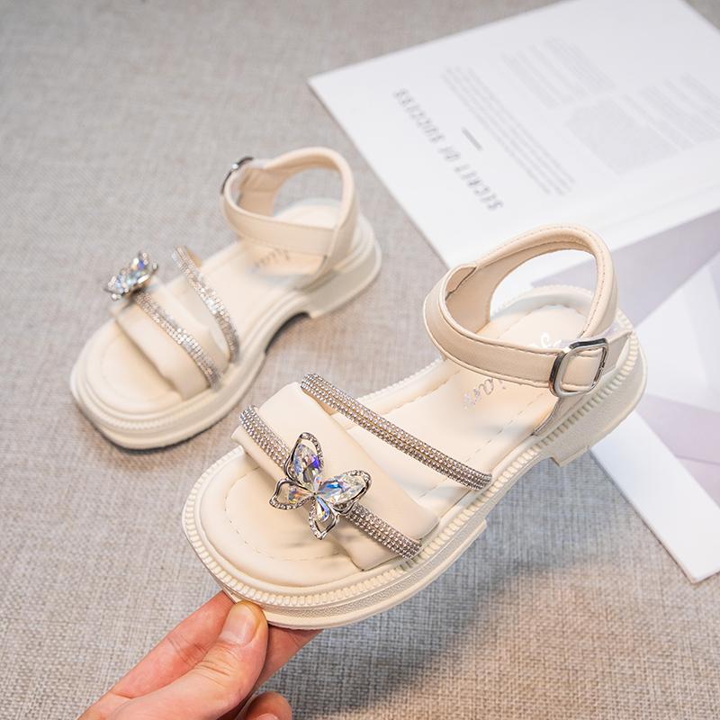 Dívčí princeznovské sandály s motýlím uzlem, dětské sandály s kamínky, letní módní dětské funkční boty, protiskluzové, 2024
