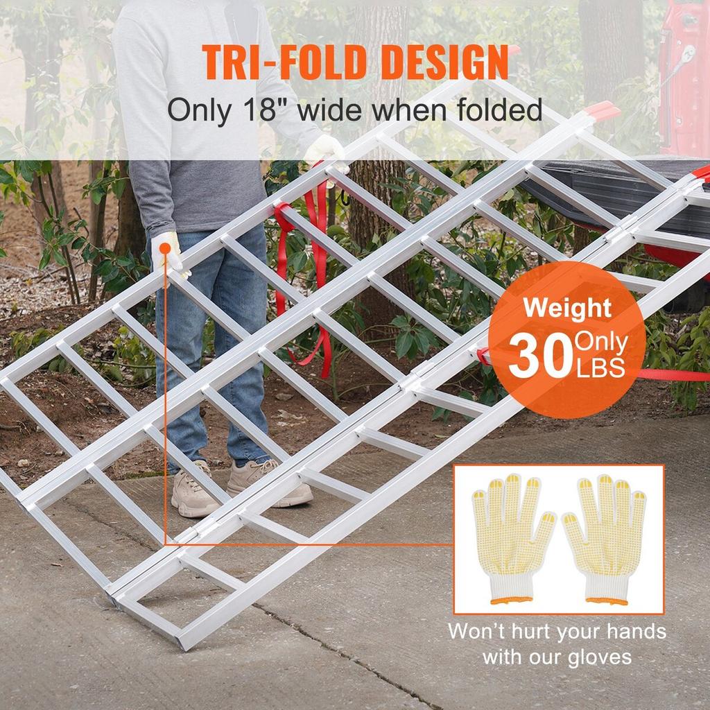 Aluminum Ramps, 1500 Lbs, Tri-Fold Ramp with Load Straps, Folding Loading Ramp for Motorcycle, Tractor, ATV/UTV, Trucks, Lawn Mower, Snow Blower, 77"L