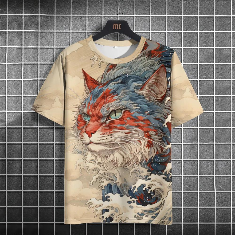 Men s T-shirt casual short sleeved T-shirt cat pattern 2XS
