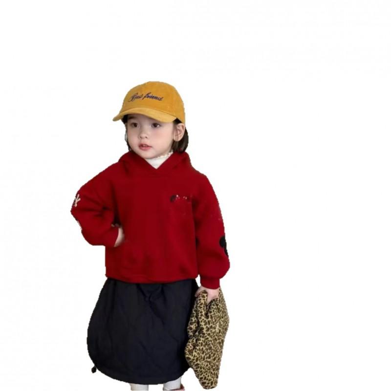 Girls 2025 Winter Hooded Sweatshirt Skirt Set Thick Fleece Lined Cartoon Kids Two Piece Outfit