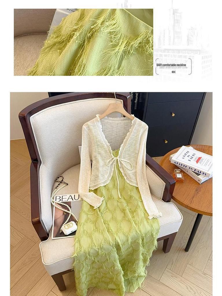 Plus Size Women's Spring/Summer 2025 Fringe Tank Dress & Knitted Cardigan Set