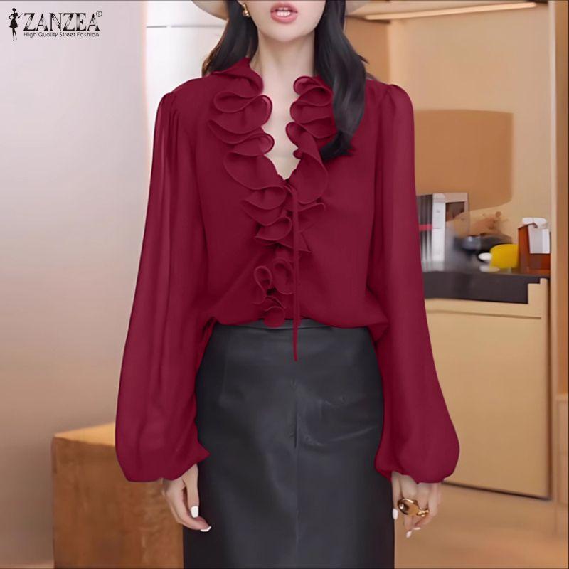 

ZANZEA Женская блузка с рюшами, V-образным вырезом, повседневная, с длинным рукавом S кларет