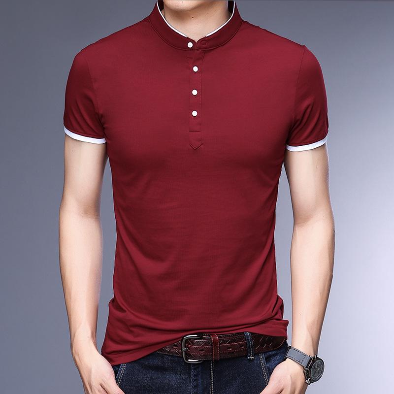 2025 Men's Slim-Fit Stand-Up Collar T-Shirt: Casual, Solid Color, Short-Sleeve, Versatile Cotton for Summer