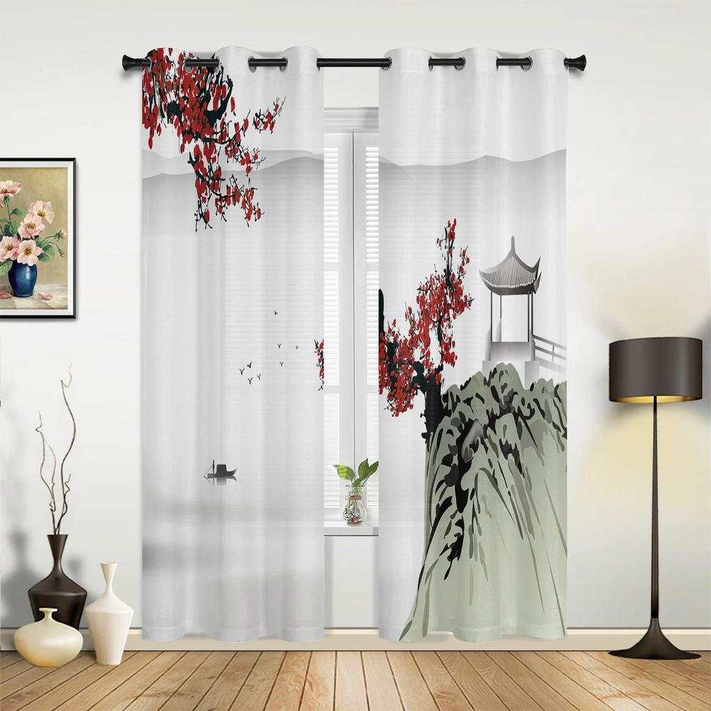Pintura Estilo Chinês Garça Bambu Sol Montanha Árvore Cortinas para Quarto de Criança Sala de Estar Cortinas Decoração de Cozinha Cortina de Janela