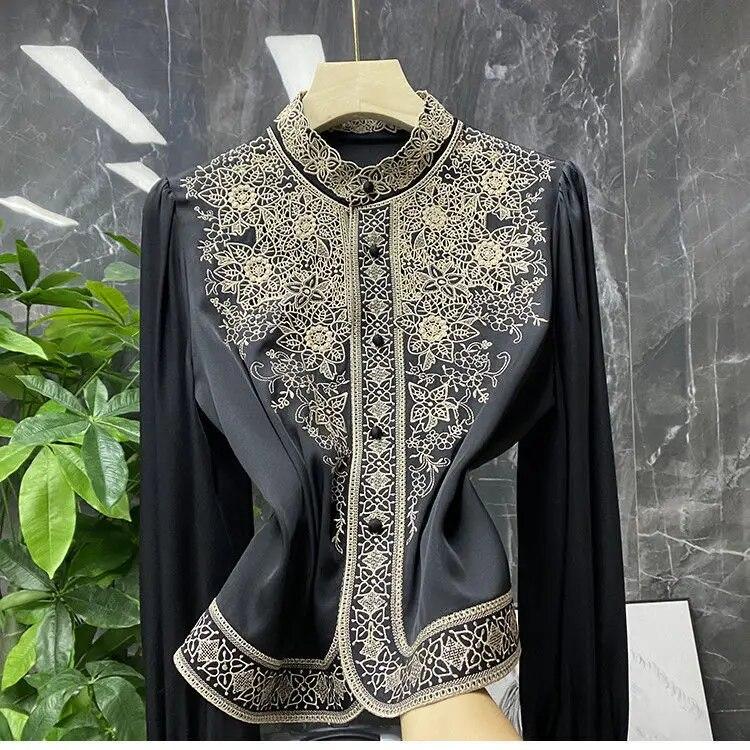 Blouse Female Embroidery Stand-up Collar Long-sleeved Heavy Imitation Silk Mulberry Shirt Women Autumn