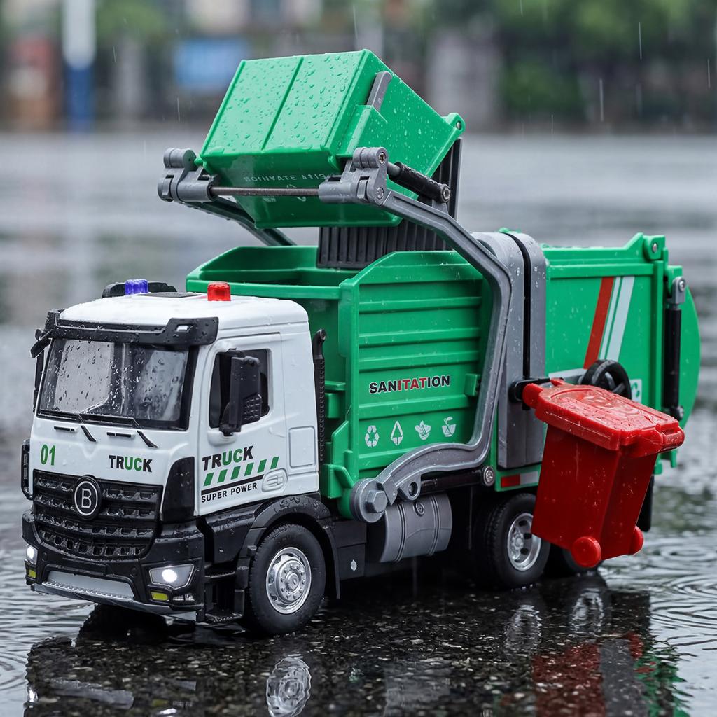 1:30 Urban Sanitation Garbage Truck Alloy Metal Diecast Model Car Simulation Collectibles Ornament Holiday Present Sound & Light