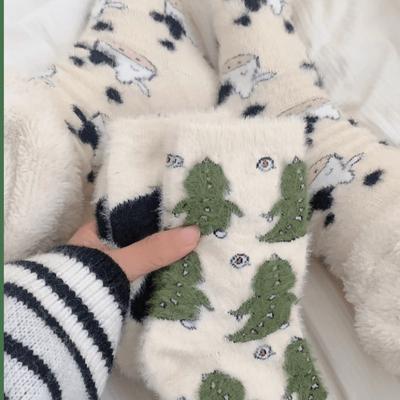 Autumn and Winter Socks, Women's Cow Mid-calf Socks, Warm Coral Fleece, Home Sleep Cartoon, Postpartum Socks, Floor Socks