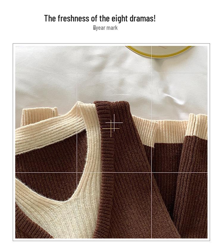 Women's V-Neck Wool Sweater: Color Block, Faux Two-Piece, Long Sleeve Knitwear