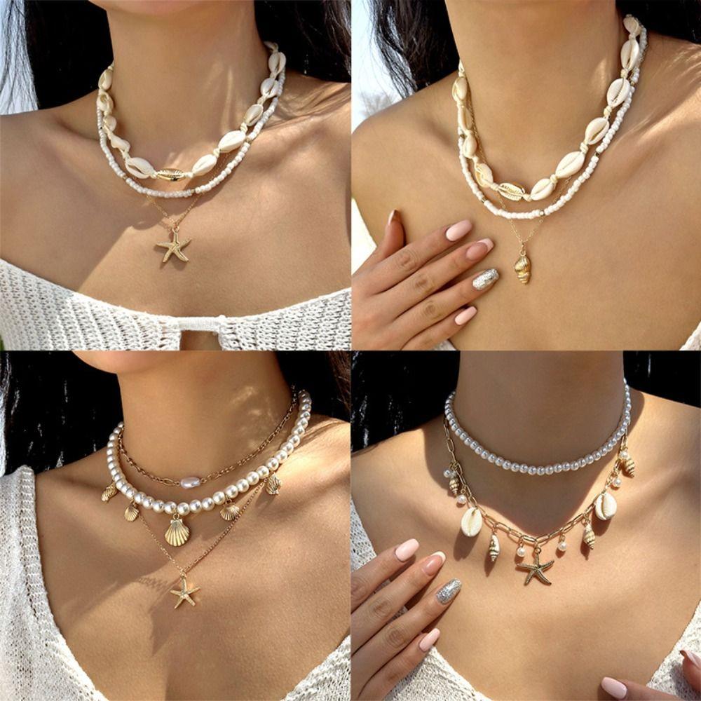 Pearl Shell Necklace Multilayer Seashell Choker New Sweater Chain Jewelry