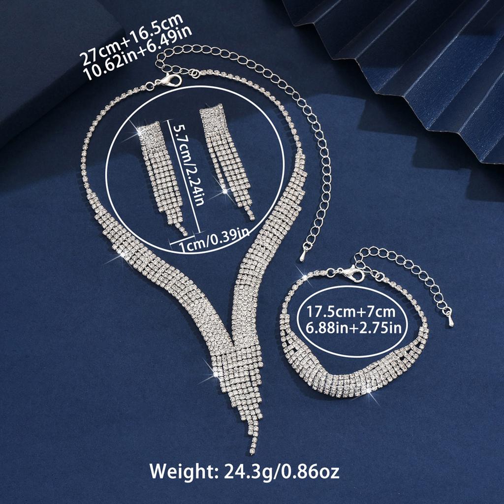 Fashionable Tassel Sparkling Rhinestone Necklace Earring Jewelry Set, Light Luxury Style High-end Jewelry Set