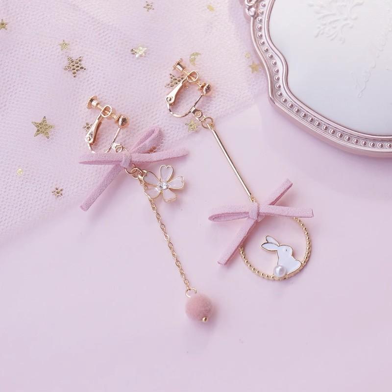 Cute Cat Bunny Butterfly Asymmetric Ear Clips No Piercing Pink Sakura Sweet Kawaii Ear Jewelry For Women