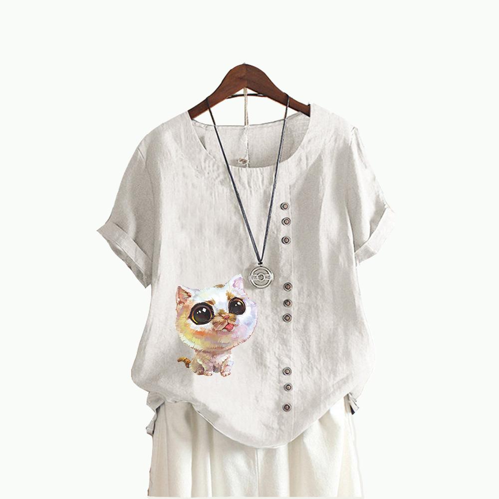 

Женская модная футболка с короткими рукавами и принтом кота, летний повседневный пуловер с круглым вырезом, свободные хлопковые льняные блузки S белый