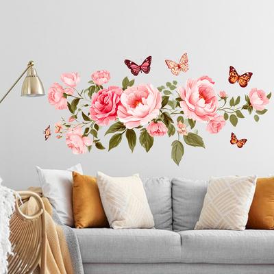 Elegant Pink Rose Flower Wall Sticker Self-Adhesive Home Decor for Bedroom Living Room Entrance Wall Art Decoration