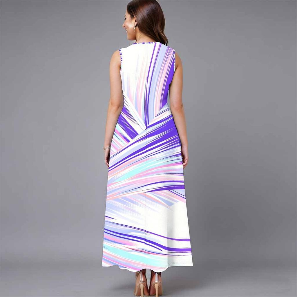 Ladies Oversized Sleeveless Crew Neck Dress Vivid Mixed Tropical Foliage Flowy Calf Length Gown