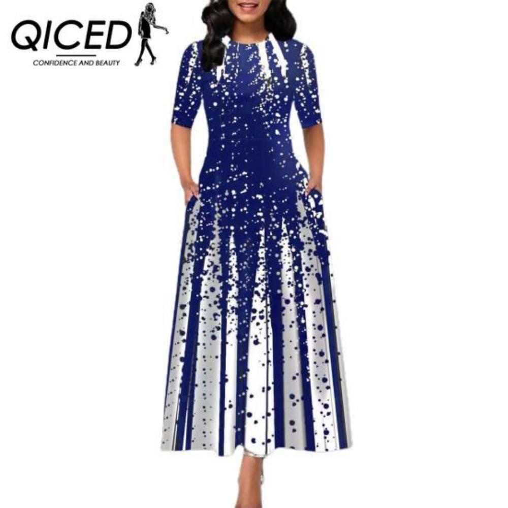 

QICED Повседневное женское платье-пуловер миди с круглым вырезом, платье с принтом и большим подолом, платье с коротким рукавом длиной до щиколотки, женские платья XXXXXL синий