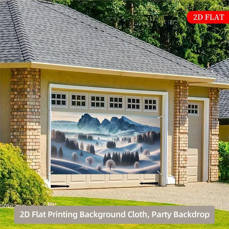 2D Snowy Mountain Garage Door Backdrop, Winter Wonderland Landscape Background Cloth