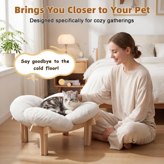 Pet Couch Sofa Elevated Wooden Cat Bed with Fluffy Removable Cushion, Petal Shaped Sofa, Raised Kitty Lounge Chair 40lbs Capacity, for Indoor