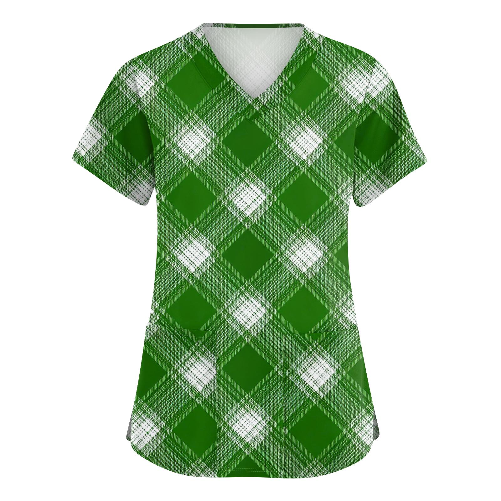 

Ladies St. Patrick Print Fashionable V-neck Pocket Short Sleeved Uniform And Caregiver Top XXXL