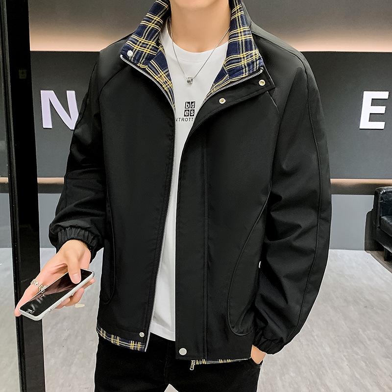 

Мужская лоскутная клетчатая куртка со стойкой - 2025 Корейский стиль Весенне-осенний тренд M чёрный
