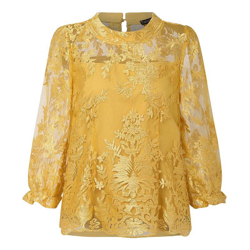 ZANZEA Women Casual Round Neck 3/4 Sleeve Patchwork Embroidery Lace Blouse