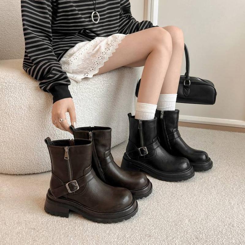 New leather black Martin boots side zipper thick-soled non-slip low boots versatile medium heel round head large size Martin boots