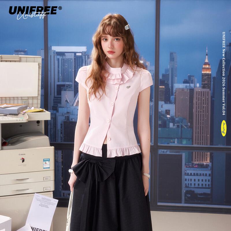 UNIFREE 2026 Summer Pleated Lace High-Neck Slim-Fit Shirt M
