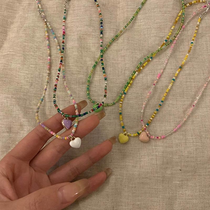 Bohemian Beaded Necklace Summer Rice Bead Love- Necklace Hawaii Beach Necklace Jewelry Suitable for Ladies and Girls