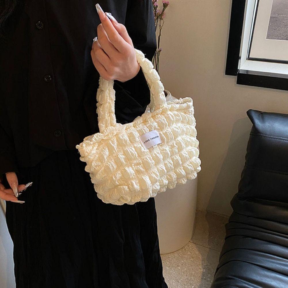 Pleated Bubble Handbag Women's Plaid Small Handbags Travel Storage Shoulder Bags with Zipper Solid Color Tote Armpit Bag