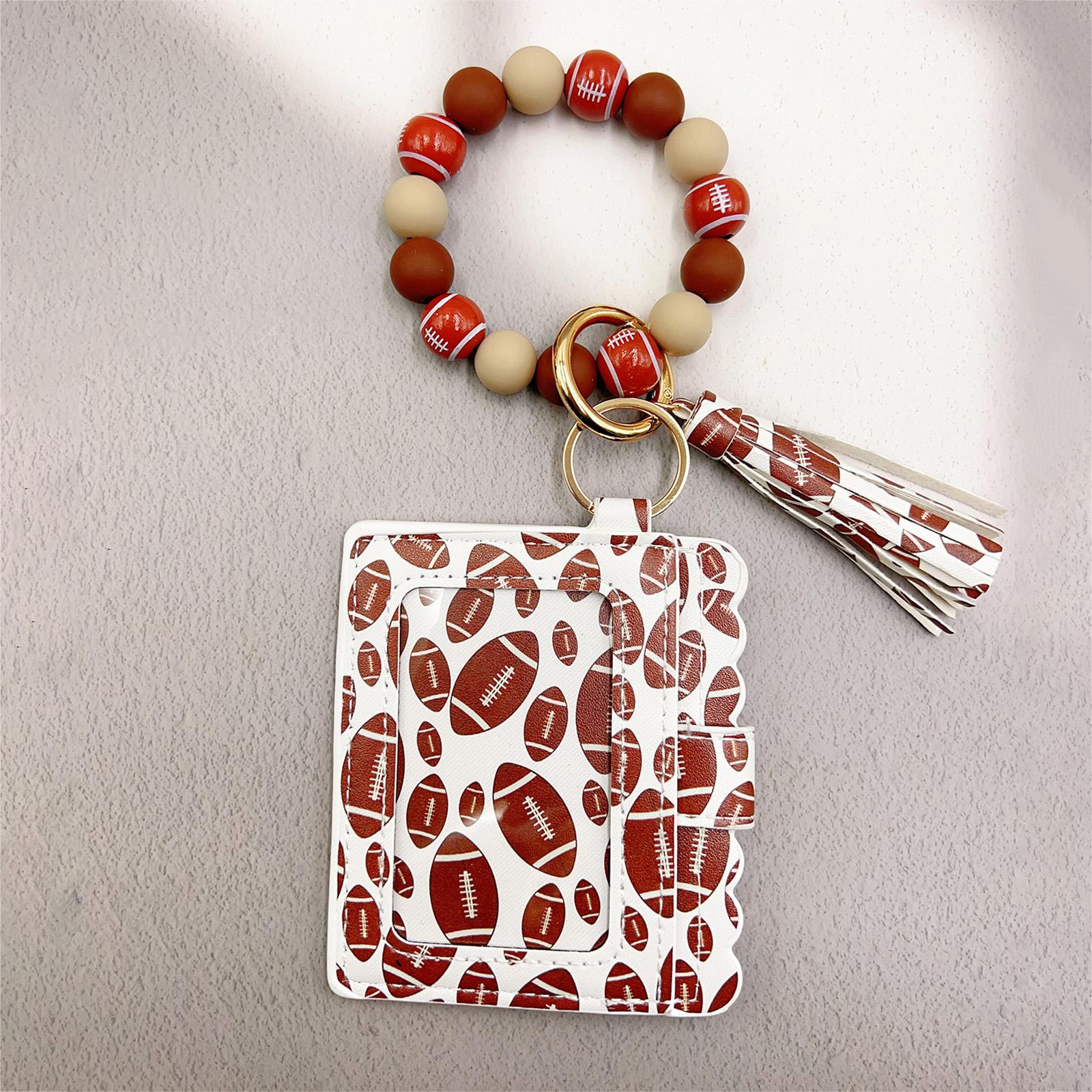 

PU Leather Silicone Beaded Credit Card Holder Bangle Key Ring for Ladies Teen Girls коричневий