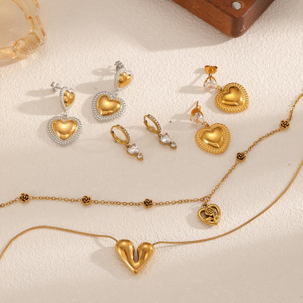 Stainless Steel Heart Layered Earring Set With Geometric Pendant For Women