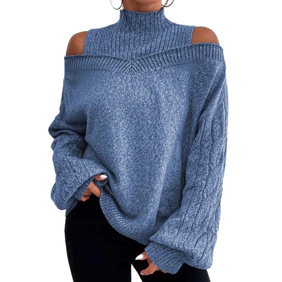 Frauen Herbst Winter Pullover Schulterfrei Langarm Halbhoher Kragen Aushöhlen Einfarbig Lose Gestrickte Pullover Elastische Weiche Warme Dame Top