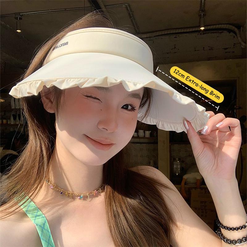 Sweetheart Ice Silk Wide-Brim Lace Sun Hat Breathable Open-Crown Visor With Uv Protection For Travel