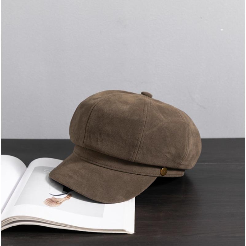 Japanese Brown Beret Female Autumn Leather Art Painter Hat Retro Newsboy Hat Slim British Octagonal Hat