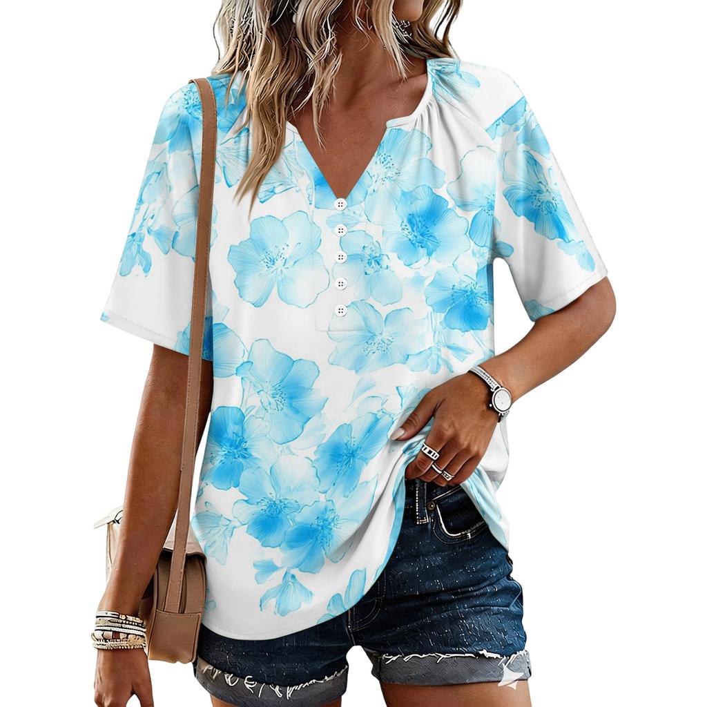 Women's Fashionable Casual Floral Print Button V-neck Short-sleeved Top