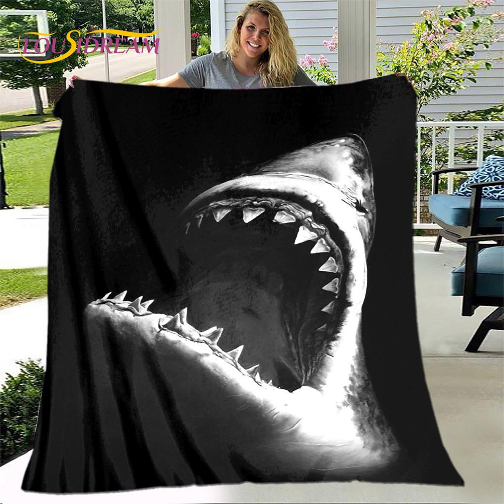 Coperta morbida in flanella con squali cartoni animati 3D, coperta da divano per soggiorno, camera da letto, letto, divano, copertura per picnic