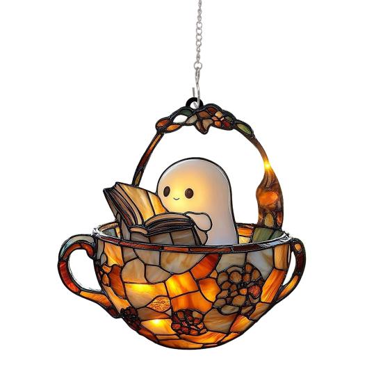 Halloween Reading Ghost Suncatcher Decoration Hanging Chair Cartoon Ghost Stained Glass 2D Flat Acrylic Wall Window Hanging Sign Ornament