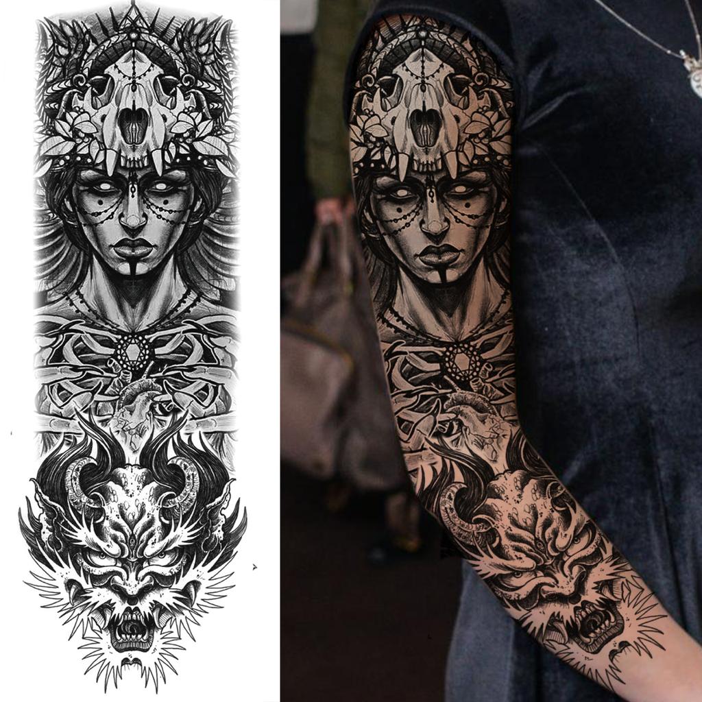 1 Sheet Long Sleeve Temporary Tattoos For Men Women Flower Skull Lion Wolf Tiger Nun Fox Compass Tattoo Sticker Body Art Arm Leg