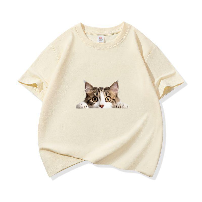 Kids Cotton T Shirt Peeking Domestic Shorthair Cat Graphic Crew Neck Short Sleeve Tee Casual Breathable Boys Girls Summer Tops