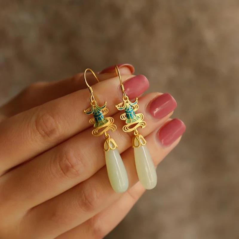 

Оригинальные новые старинные золотые серьги-подвески из натурального хетаньского нефрита в китайском стиле в стиле ретро с шармом для женщин и брендовых украшений