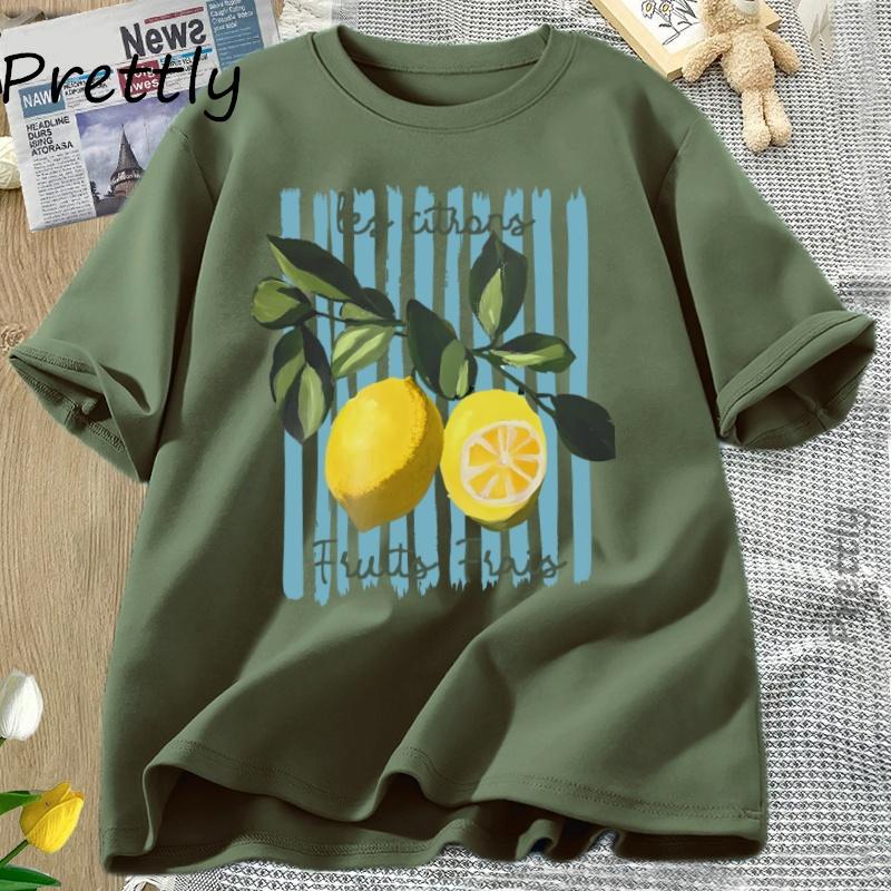 Sommer Zitrone T-Shirt Vintage Cottagecore Französisches T-Shirt Baumwolle Zitrone T-Shirt Urlaub Strand T-Shirt Lässige Kurzarmtops