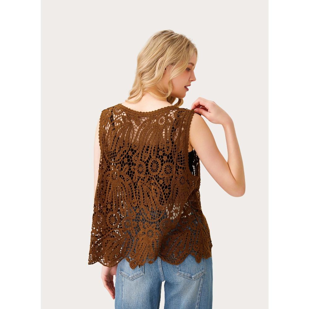 DIMANAF 2026 New T-Shirt Knitting Lace Vest Women Buttons O-Neck Hollow Summer Style Basic Tops Tees Loose Clothing