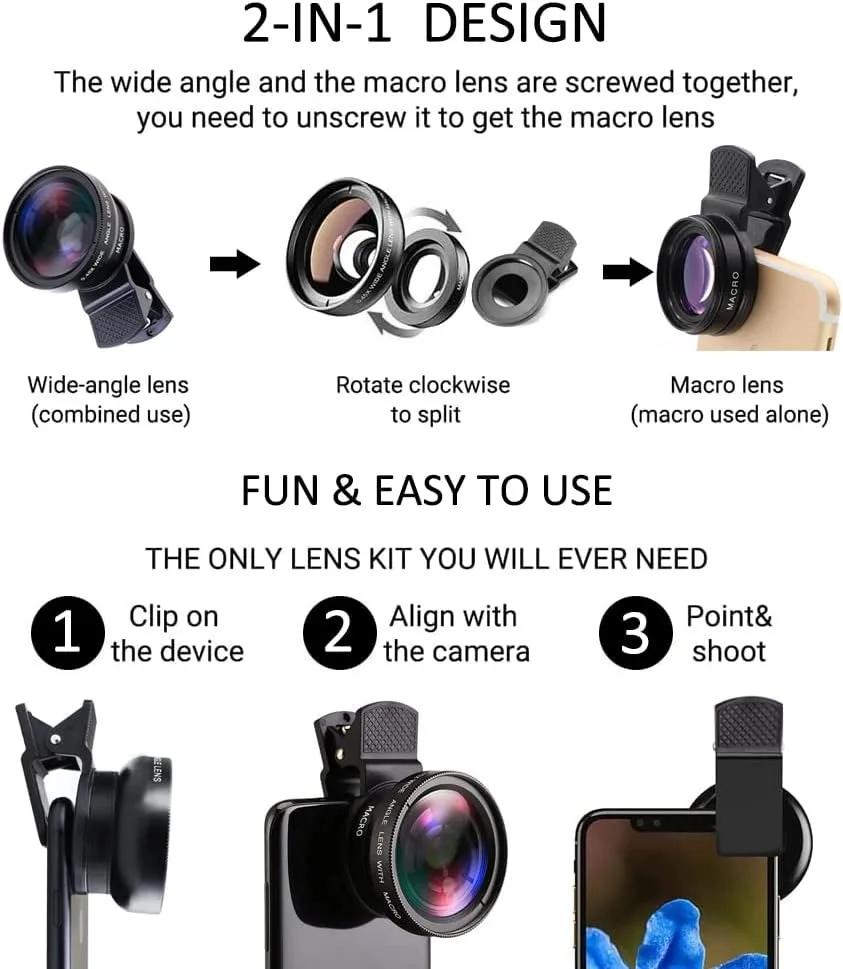 2 In 1 Lens Universal Clip 37mm Mobile Phone Lens Professional 0.45X 49Uv Super Wide-Angle + Macro Hd Lens for iPhone Android