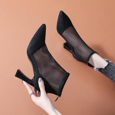 Mesh Sexy Pointed Hollow Boots Women's 2025 New Thick Heel Short Boots Spring and Summer High Heels Versatile Cool Boots