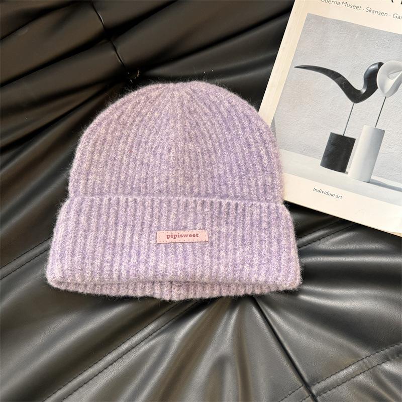 Knitted hat women's ins tide with letters small leather label warm pullover hat autumn and winter thin street ear protection cold hat