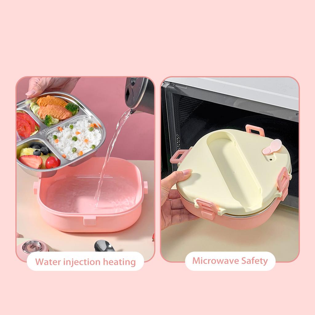 WORTHBUY Cute 304 Stainless Steel Divided Lunch Box With Cutlery Heatable Large Capacity Sealed Food Container Set For Student