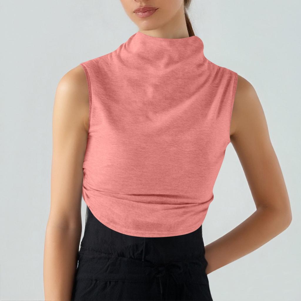 Women's Solid Color Semi-high-neck Sleeveless Vest Pleated  Top T-shirt